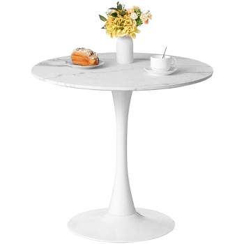 Fabulaxe 31.5” White Round Tulip Table with Modern Marble Painting Top and Sturdy Wooden Pedestal Stand, MDF Accent Dining Table
