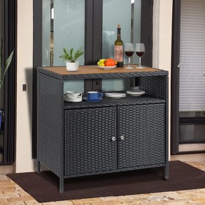 Patio Outdoor Wicker Storage Cabinet - Powder Coated Steel, Bar Table with 2 Door and Shelf, All Weather Resin Wicker,  for Patio Pool Garden Kitchen - 1 of 4