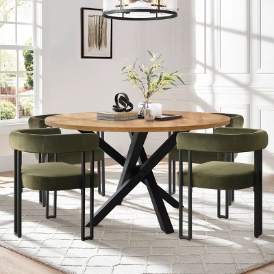 5-Piece Dining Set for 4 Round Dining Table with Velvet Upholstered Chairs and Crossed Metal Legs For Dining Room, Living Room, Farmhouse-Tanpinhause