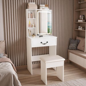 KTMBDW Small Makeup Vanity Desk with Mirror and Lights, Vanity Table Set with Storage Drawer, Chair and 3 Shelves for Bedroom, Dressing Room, White - 1 of 4