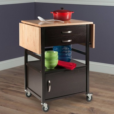 Light Wood and Black Drop Leaf Kitchen Cart with Storage