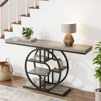 55'' Console Table for Entryway, Industrial Sofa Table, 5-Tier Accent Table with Circle Storage Shelves for Living Room, Hallway