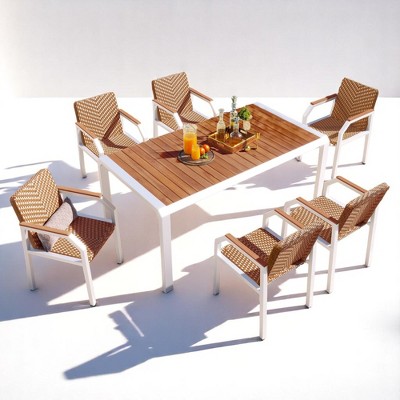Mshliw 7-Piece Patio Dining Set with Acacia Wood Table and 6 Ergonomic PE Rattan Chairs – All-Weather, UV-Resistant, Easy Assembly for Outdoor Dining