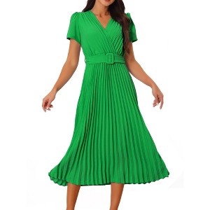Seta T Women's Casual Short Sleeve Wrap V Neck Flowy Pleated Midi Dress with Belt - 1 of 4