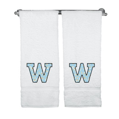 BC BARE COTTON Monogrammed Towels, Personalized Gift, Set of 2 - Embroidered Writing with Light Blue
