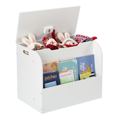 Kids Wooden Toy Box with Front Bookshelf and Safety Hinges, Storage Organizer for Boys and Girls Home Playroom