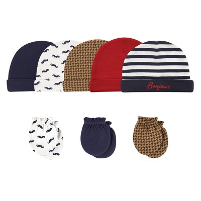  Hudson Baby Infant Boy Cotton Cap and Scratch Mitten 8pc Set, Bonjour, 0-6 Months 