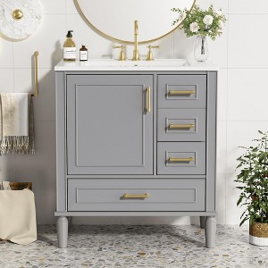 Whisen 30" Bathroom Storage Cabinet Bathroom Vanity with Ceramic Sink, Soft Close Doors and Three Drawers - 1 of 4