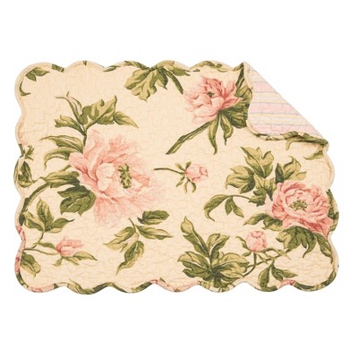 Pink and Cream Cotton Quilted Floral Scalloped Placemats, Set of 6