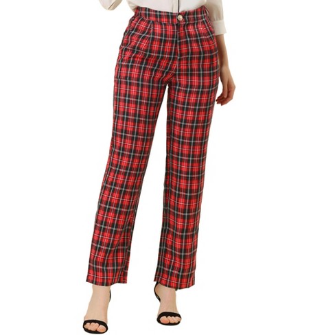 Allegra K Women's Plaid Tartan High Waisted Button Casual Pants Red X-Small