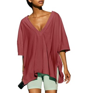 EXLURA Women's Casual Oversized V Neck T-Shirts Tops Reversible Athletic Workout Crew Neck Fashion Trendy Tee - 1 of 4