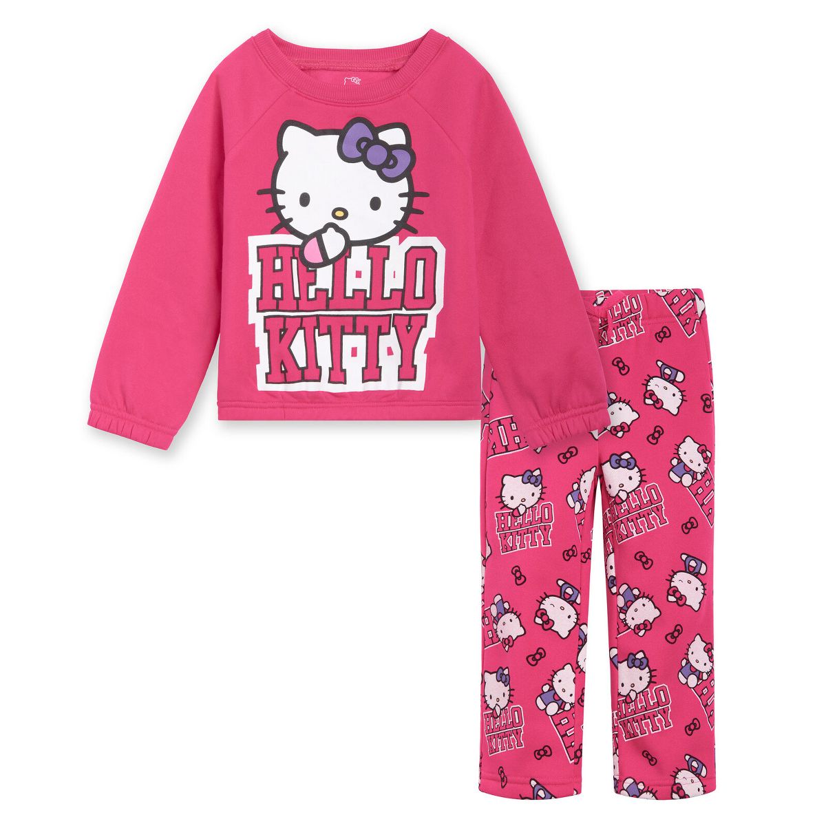Hello Kitty Girls Fleece Boxy Sweatshirt Crop Top and Flare Pants Outfit Set Little Kid to Big Kid
