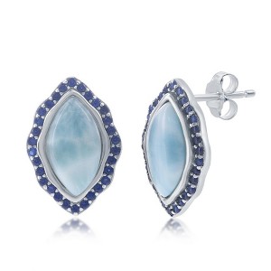 Caribbean Treasures Sterling Silver, Marquise Larimar with Sapphire CZ Border Stud Earrings - Blue - 1 of 2
