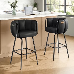 Set of 2 Upholstered Bar Stools with 360° Swivel Seat & Storage Pockets, Curved Back and Footrest, 265 lb Capacity Counter Height Stools, Ink Black - 1 of 4