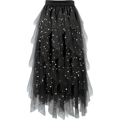 Women's A-Line Tulle Skirt - Tiered Midi Length with High Elastic Waist