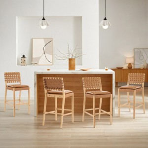 Set of 4 Upholstered Armless Bar Stools,Brown PU Leather Crossback Bar Chairs with Rivet Accents,Modern Wooden Counter Height Stools-Koiai - 1 of 4
