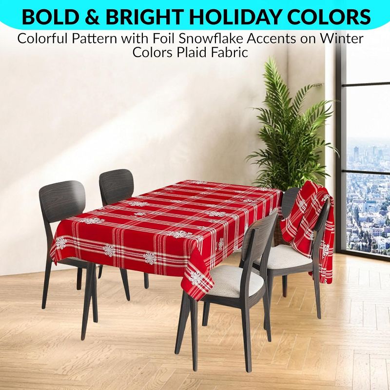 KOVOT Tablecloth - Red & White Plaid with Foil Accents Snowflakes -100% Cotton Table Cover for Christmas, Winter & Holiday's, 3 of 7