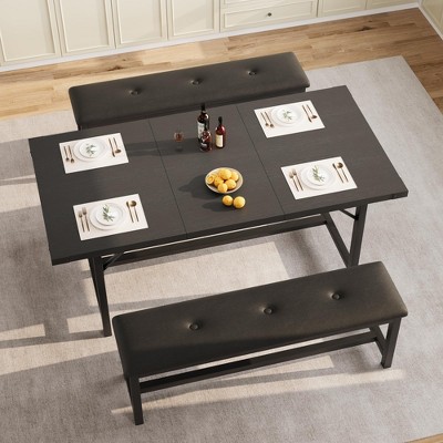 63" Extendable Dining Table Set for 4-6 with 2 Soft Benches, Wood Rectangle Kitchen Table for Apartment, Small Space, Easy Assembly