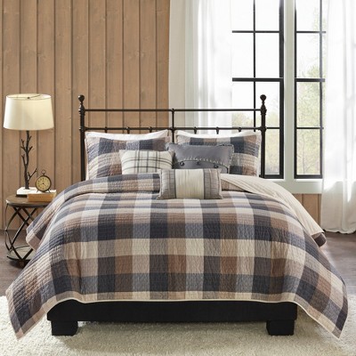 6Pcs coverlet Set Buffalo Plaid Lodge Quilt with Embroidered Pillows, Reversible Herringbone Polyester, All Season Cabin Farmhouse Style
