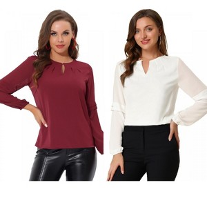 Allegra K Women's Chiffon Semi Sheer Keyhole Neck Elegant Work Blouse 2 Packs - 1 of 4
