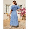 Women Plus Size Maxi Dress V Neck Summer Dress Short Sleeve Long Dress High Waist Ruffle Casual Dress with Belt - 4 of 4