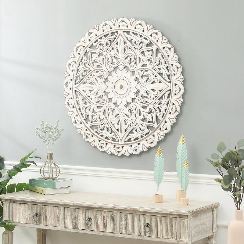 LuxenHome Distressed White Wood Flower Mandala 31.5" Round Wall Decor, 3 of 10