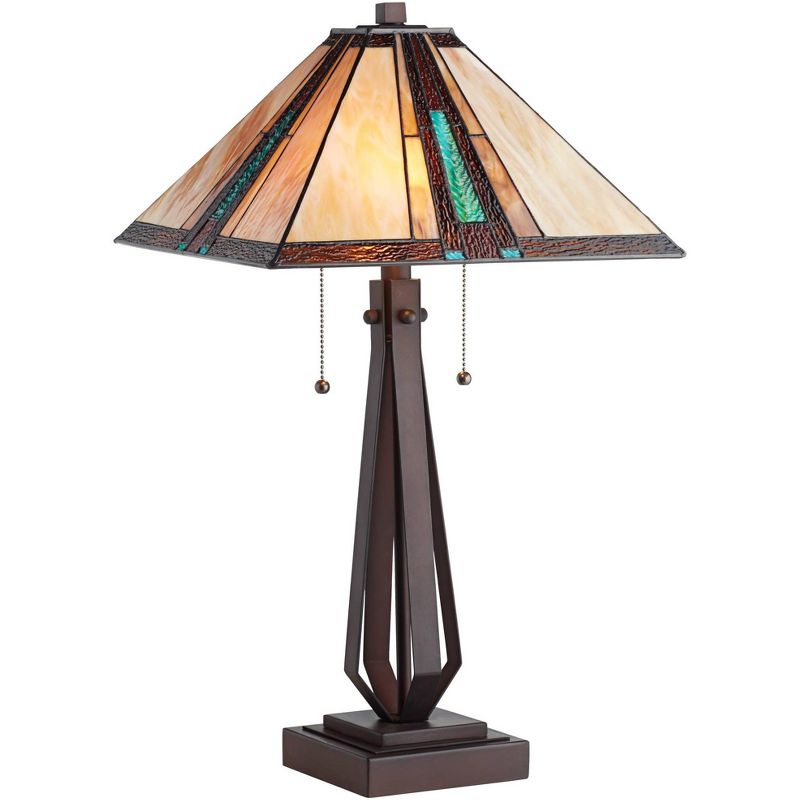 Franklin Iron Works Roger Marta 25" High Rustic Mission Table Lamp Pull Chain Brown Bronze Finish Metal Single Art Glass Shade Living Room Bedroom, 1 of 10
