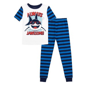 Always Jawsome Youth Boy's Blue & Black Striped Short Sleeve Shirt & Sleep Pants Set - 1 of 4