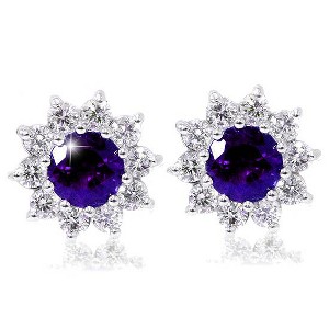Pompeii3 1 3/4ct Genuine Amethyst & Diamond Halo Studs Earrings 14K White Gold - 1 of 2