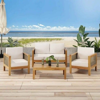 Outdoor 4 Seater Acacia Wood Chat Set, Wicker Accents with Slatted Seats, Modern Teak Frame Chairs with Polyester Cushions-Coolbibila