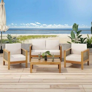Outdoor 4 Seater Acacia Wood Chat Set, Wicker Accents with Slatted Seats, Modern Teak Frame Chairs with Polyester Cushions-Coolbibila - 1 of 4