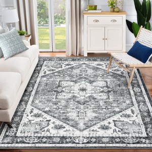 Machine Washable Vintage Farmhouse Area Rug - Rust Print Distressed Design - 1 of 4