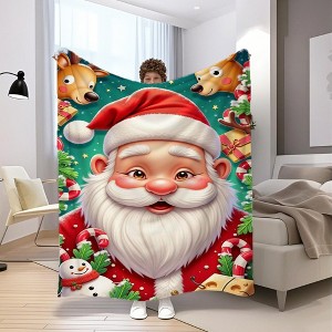 1-Pack Santa Claus Christmas Blanket - Soft Flannel All-Season Cozy Throw with Santa, Reindeer, Snowman & Candy Canes. - 1 of 4