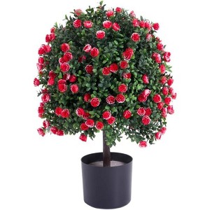 Artificial Rose Topiary Ball Tree,21.65"Faux Potted Tree, Artificial Boxwood Topiary Ball Tree with Flowers,for Front Door Porch Garden Backyard - 1 of 4