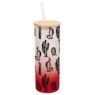 Elanze Designs Classic Cactus Desert Plant Wrap-Around Design 25 Ounce Frosted Gradient Glass On-The-Go Coffee Travel Skinny Tumbler Mug Cup, Bamboo