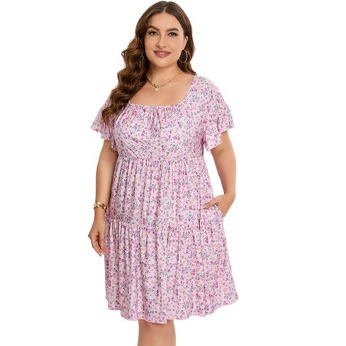 Plus Size Summer Dress Womens Plus Size Clothing Plus Size Square Neck Dress Ruffle Sleeve Flowy Dress With Pockets Pink Rose 3xl Target