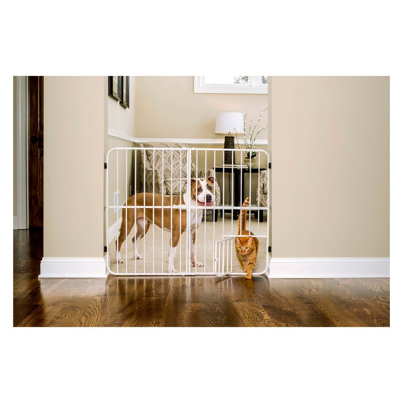 Extra Tall White Metal Pet Gate with Small Door