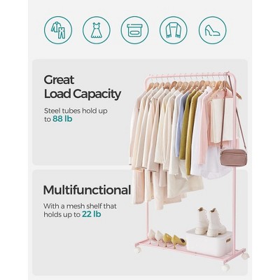 Jelly Pink Steel Portable Clothes Rack with Wheels and Storage Shelf