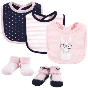 Hudson Baby Infant Girl Cotton Bib and Sock Set 5pk, Hip Bunny, One Size - 1 of 4