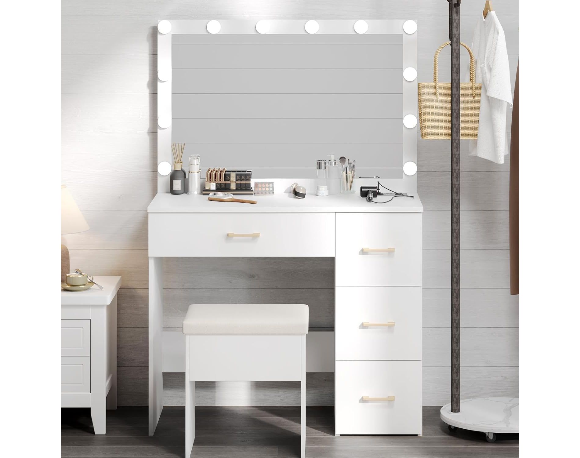 WAYES Makeup Vanity Set with Lighted Mirror, Charging Station, Storage Stool, 3ft Large Vanity Desk, Modern White