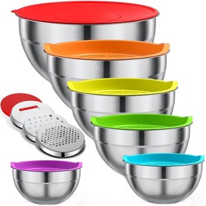 Itopfox Stainless Steel Mixing Bowls Set with Colorful Airtight Lids and 3 Grater Attachments for Kitchen Use - 1 of 4
