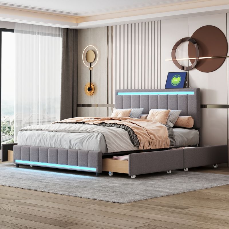 Queen/Full Size Linen Upholstered Bed with LED Light and 4 Drawers, Modern Platform Bed with a set of Sockets and USB Ports - ModernLuxe, 1 of 12