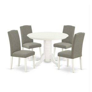 HomeStock 5-Piece Round Linen White Finish Solid Wood Top Dining Table with 4-Parson Chair - 1 of 4