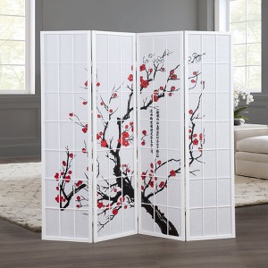 Roundhill Furniture Japanese 4-Panel Screen Room Divider, Plum Blossom - 1 of 4
