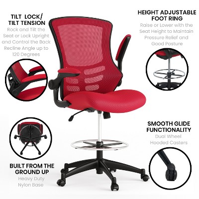 Adjustable Red Mesh Drafting Chair with Lumbar Support and Flip-Up Arms