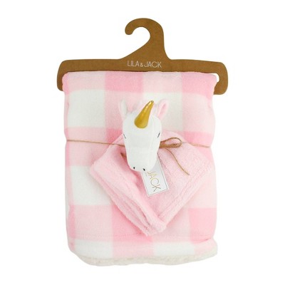 Lila and Jack Pink and White Gingham Print Fleece Kids' Throw with White and Pink Unicorn Lovey Set