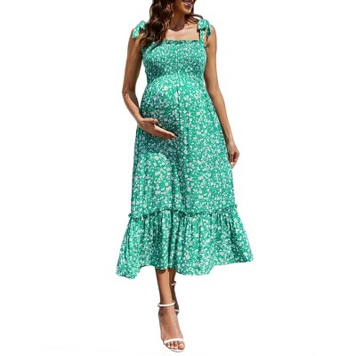 Women's Smocked Maternity Boho Dress Summer Casual Spaghetti Strap Ruffle Sleeveless Flowy Maxi Dress Baby Shower Photoshoot