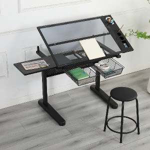 Lyngins Height-Adjustable Computer Desk with Tiltable Tempered Glass Top, Drawing Desk/Writing Desk+ Included Stool, Office Desk/Study Desk - 1 of 4