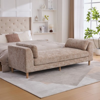 Modern Upholstered End of Bed Bench,Chenille Daybed Couch with Bolster Pillows,Armrests Bench with Rubberwood Legs for Bedroom-Cuddlewood