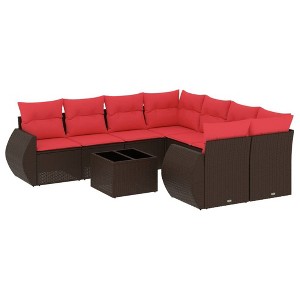 vidaXL Patio Sofa Set with Cushions Outdoor Furniture 9 Piece Poly Rattan - Brown and Red - 1 of 4